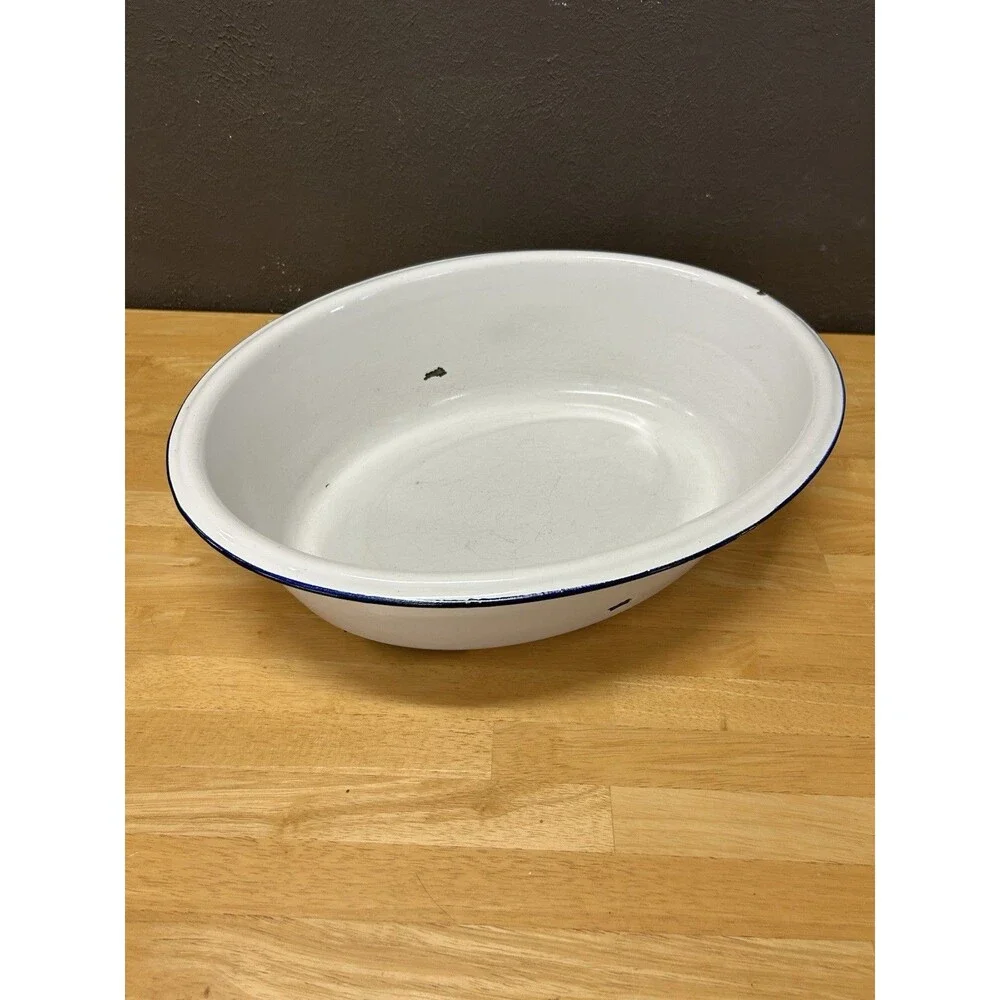 Vintage Enamelware Wash Basin White Black Trim 20x16 Farmhouse Rustic Primitive